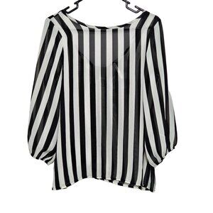 Vale Sheer Black White Vertical Striped Blouse Huge Ruffle Bow on Back SO CUTE